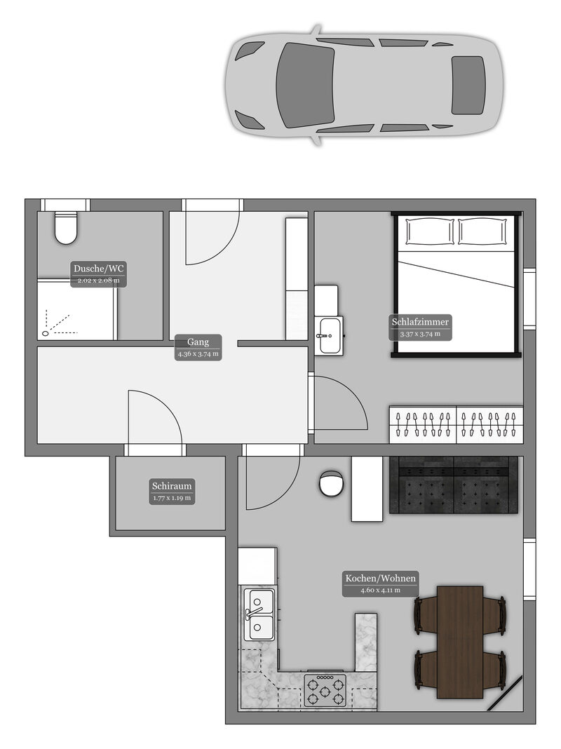 Grundriss der Wohnung: links Dusche und WC, daneben der Gang, rechts das Schlafzimmer, unten rechts Kochen und Wohnen, unten links der Skiraum. Über dem Grundriss ist der Parkplatz eingezeichnet.